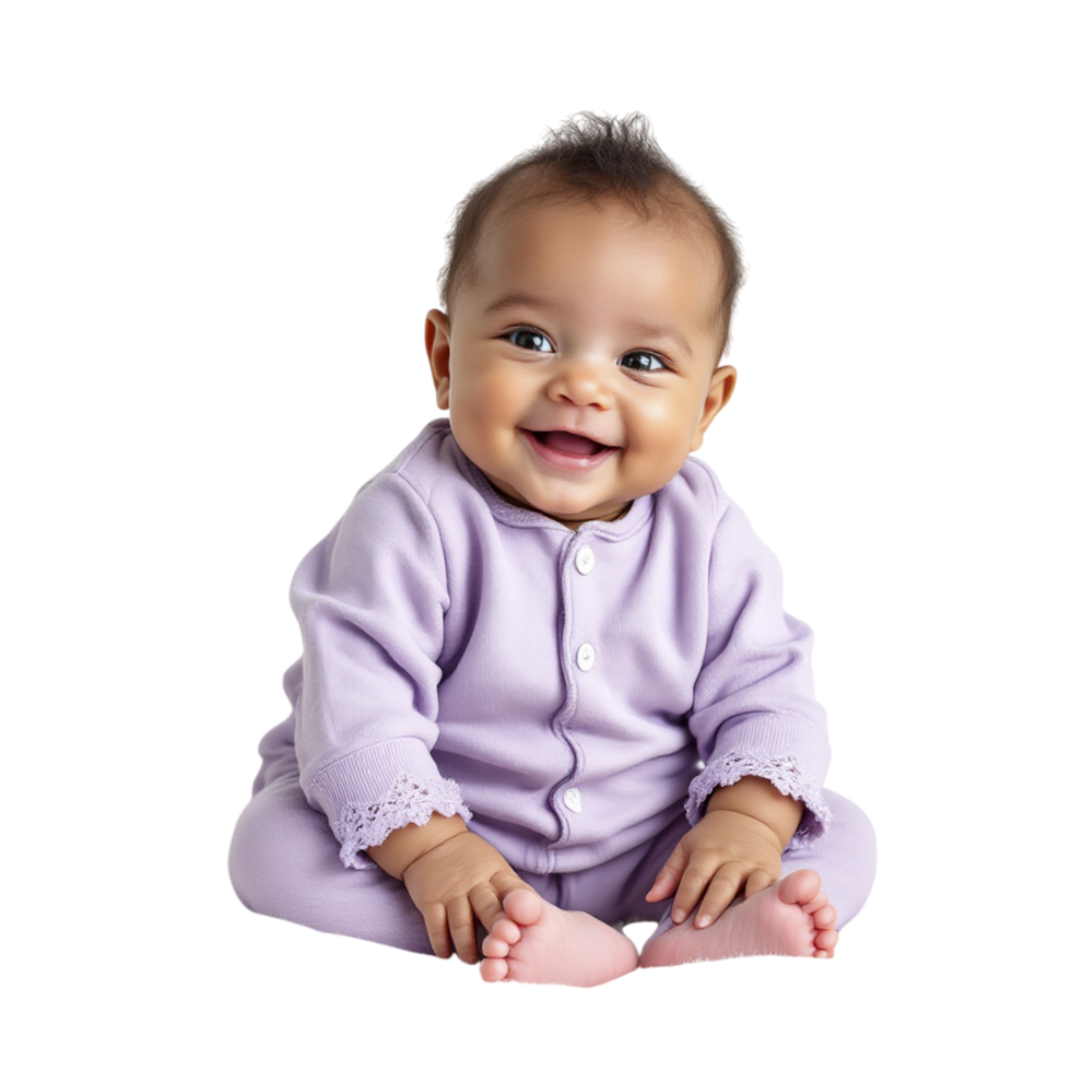 A smiling baby in purple sitting on the floor png
