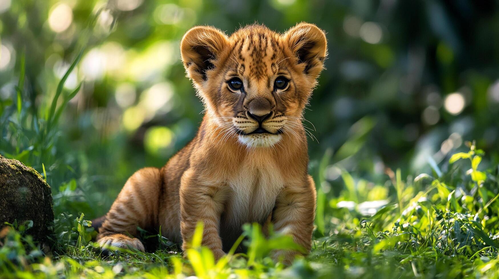 An adorable lion cub sits amidst lush green grass, its captivating gaze drawing you into the heart of the wild. photo