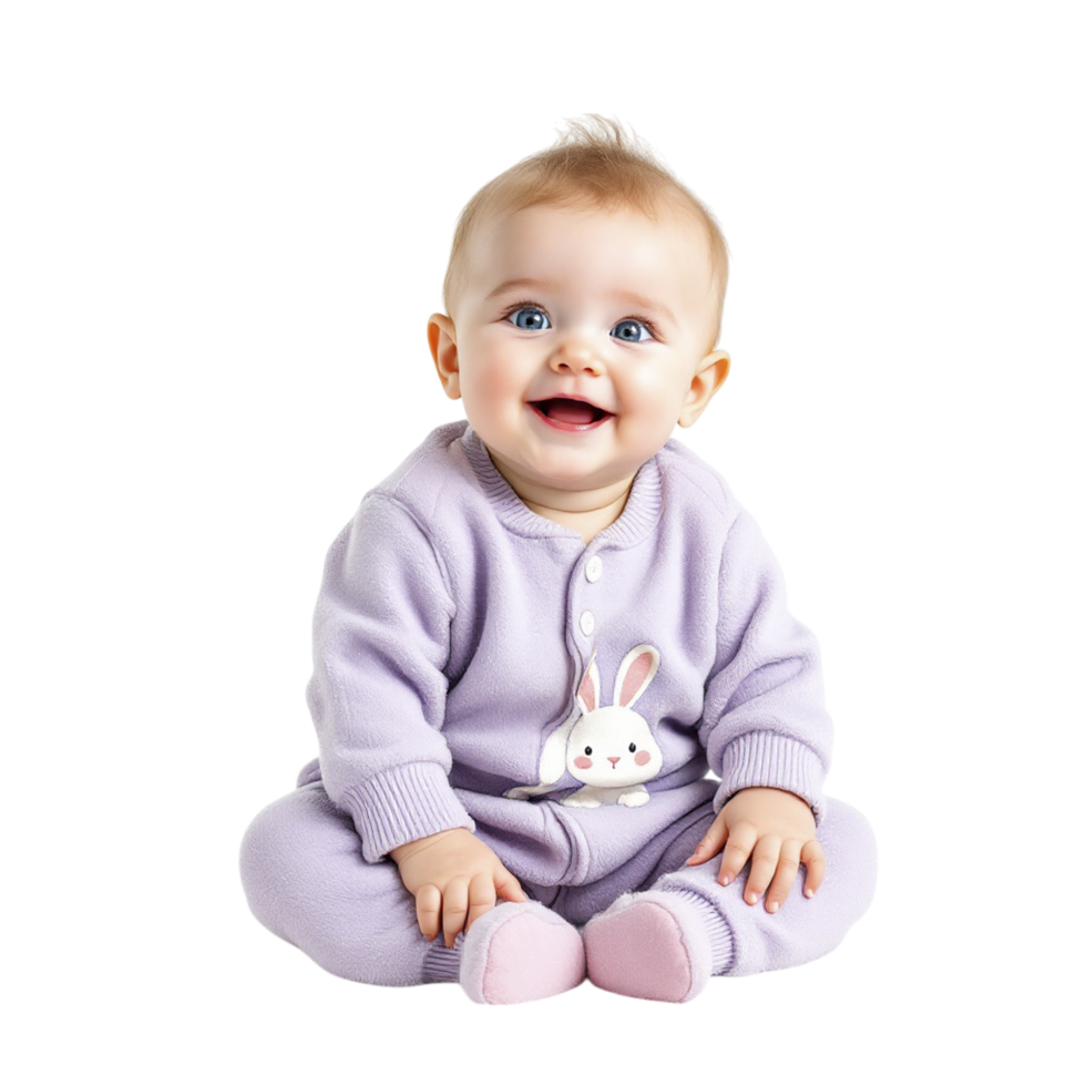 A baby in a purple bunny outfit sitting on a black background png