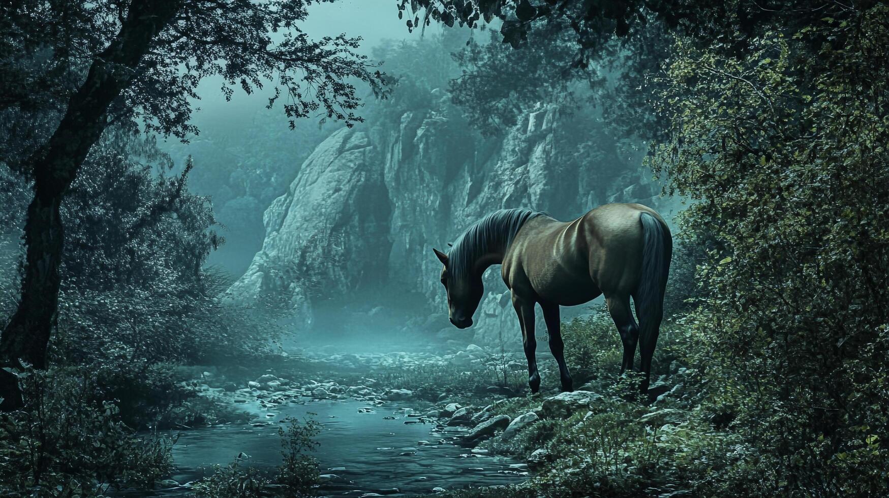 A solitary horse stands by a stream in a misty forest, creating a serene and mysterious scene in nature. photo