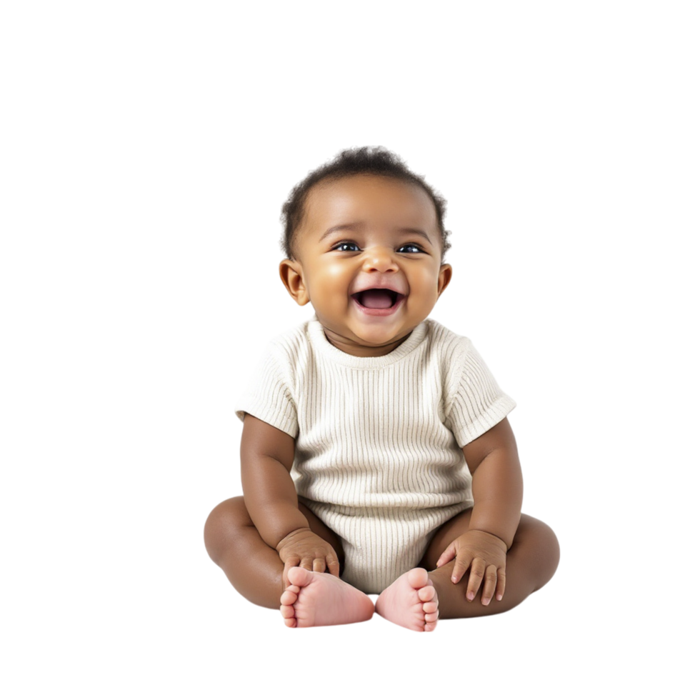 A smiling baby sitting on the floor with his hands in the air png