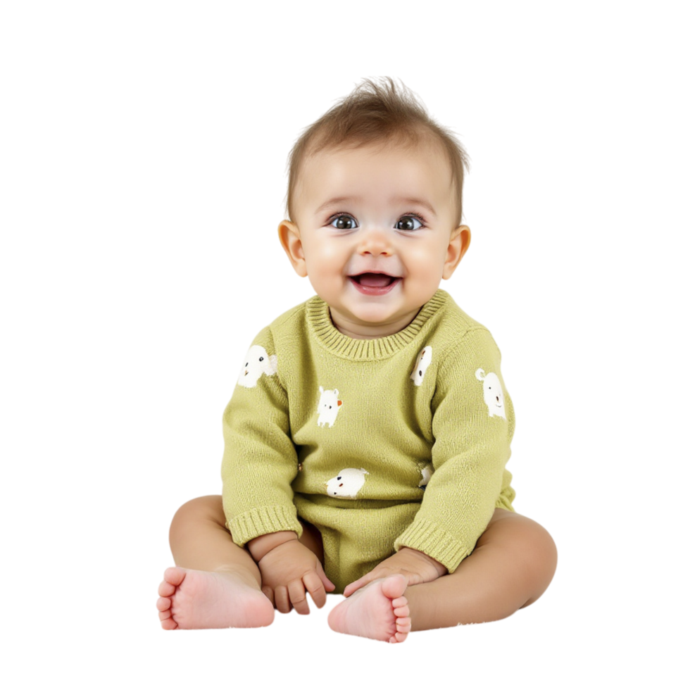 A baby sitting on the floor wearing a green sweater png