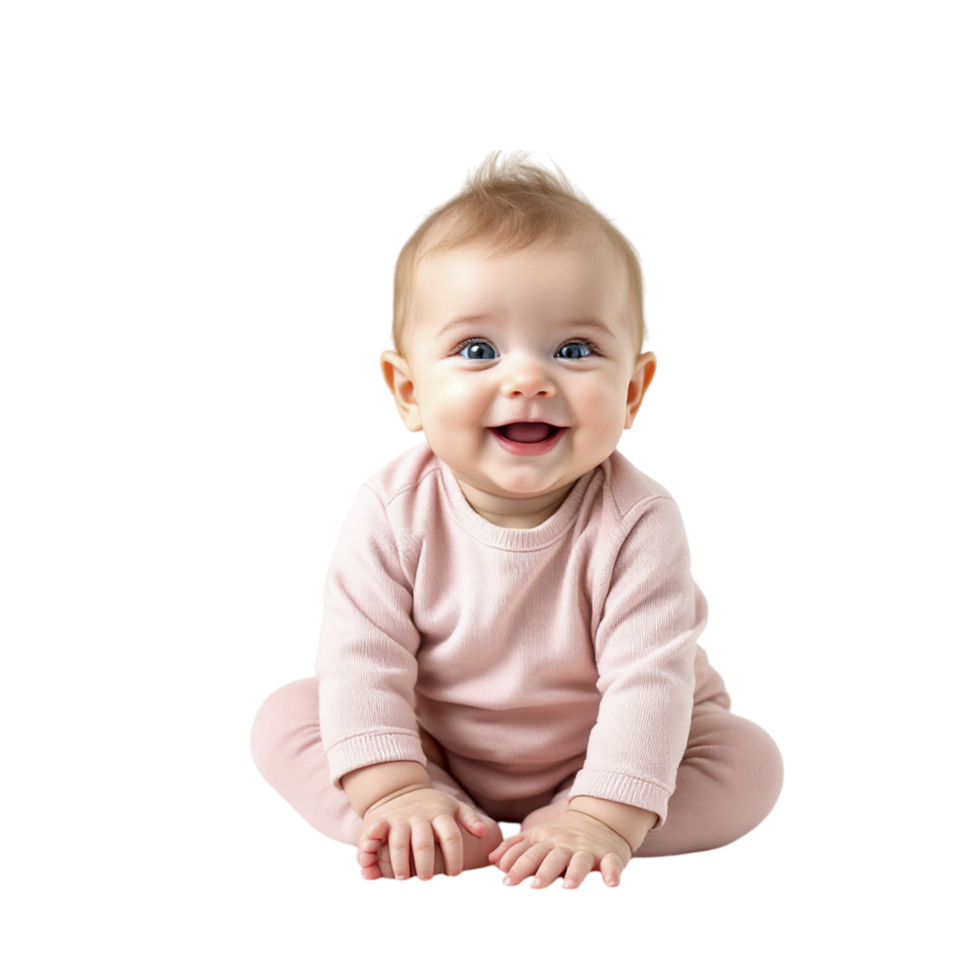 A baby in a pink outfit sitting on the floor png