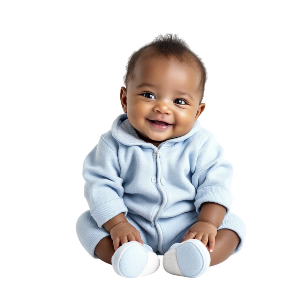 A smiling baby in blue clothes sitting on a black background png