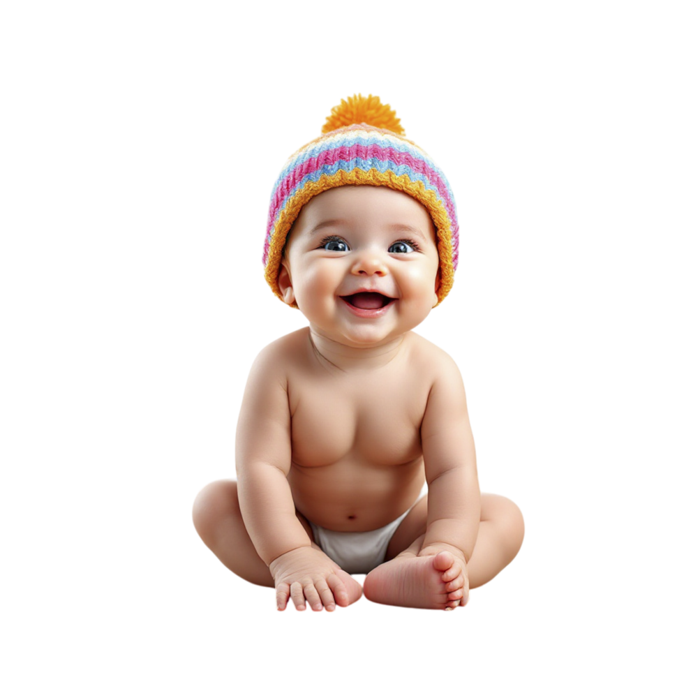 A baby in a knitted hat sitting on the floor png