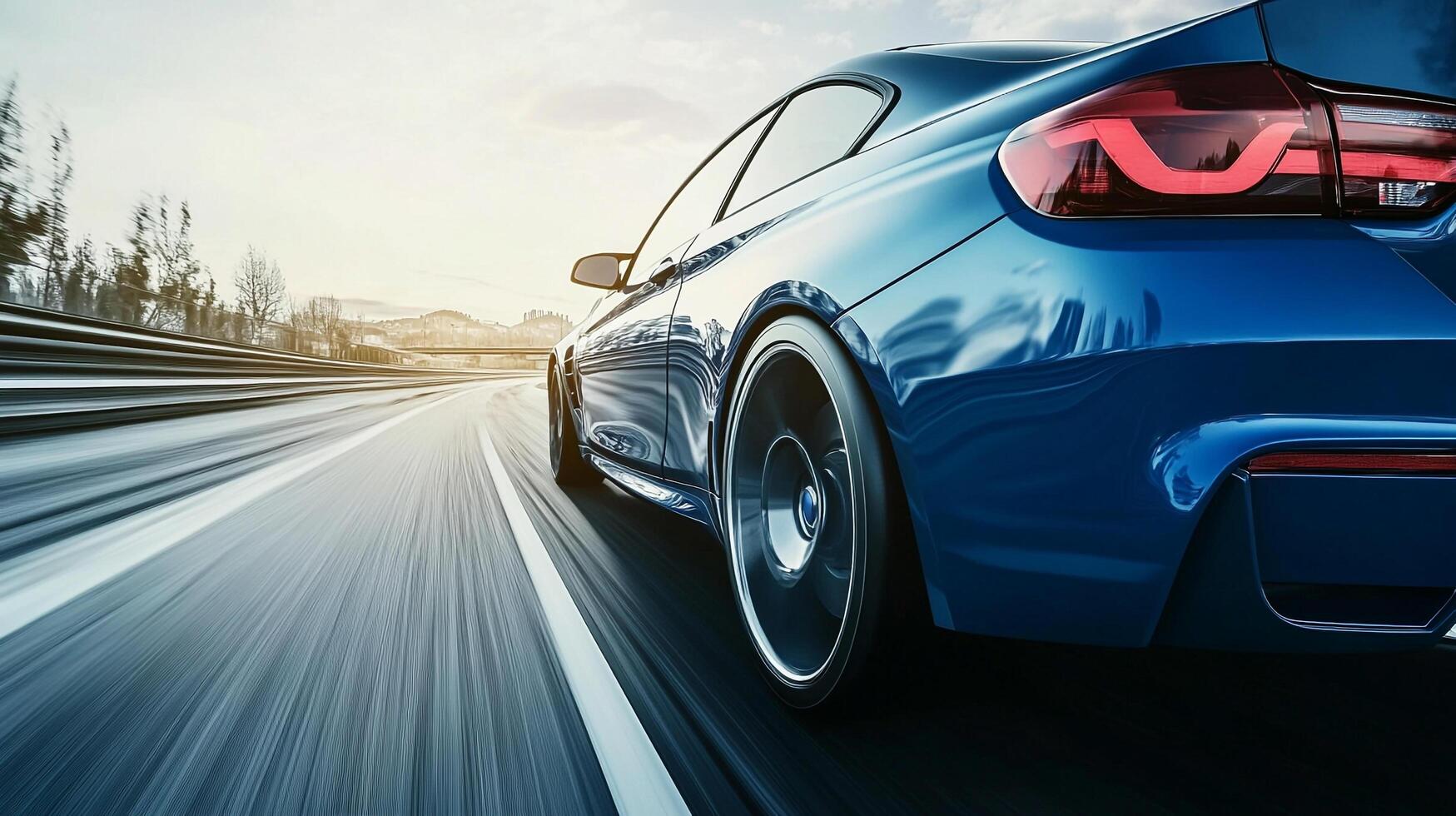Blue coupe driving on a highway during sunset. The car is moving fast and is blurred. The sky is clear and the sun is setting. photo