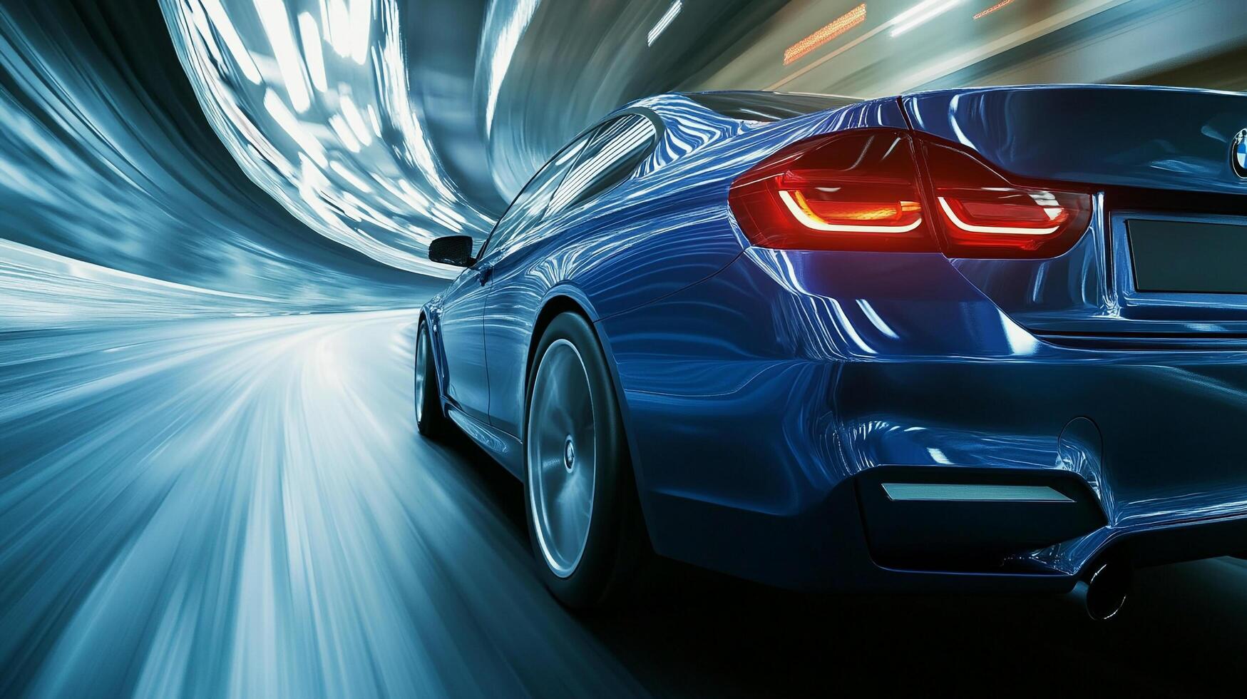 Dynamic blue car races through an abstract tunnel, illuminated by streaks of light, hinting at speed, technology, and automotive design. photo