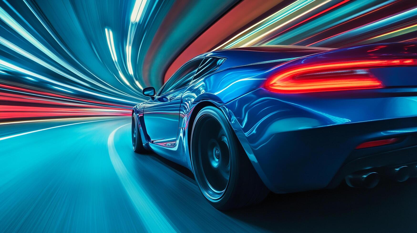 Speeding through the digital world in a blue car, lights blurring past. A race against time, leaving a trail of vibrant streaks. photo