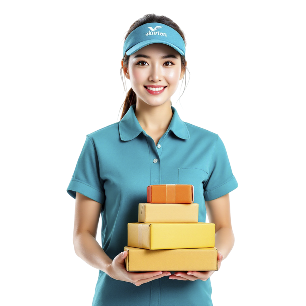 A woman in blue shirt holding a stack of boxes png