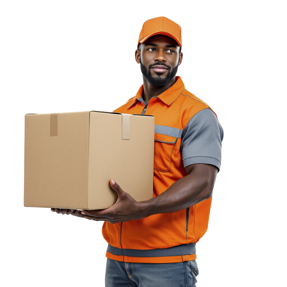 Portrait of a young african american man holding a box isolated on black background png