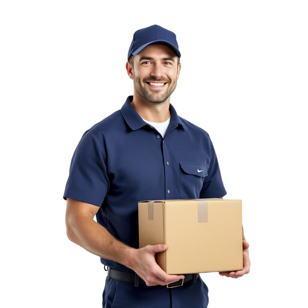 A smiling man in a blue uniform holding a box png