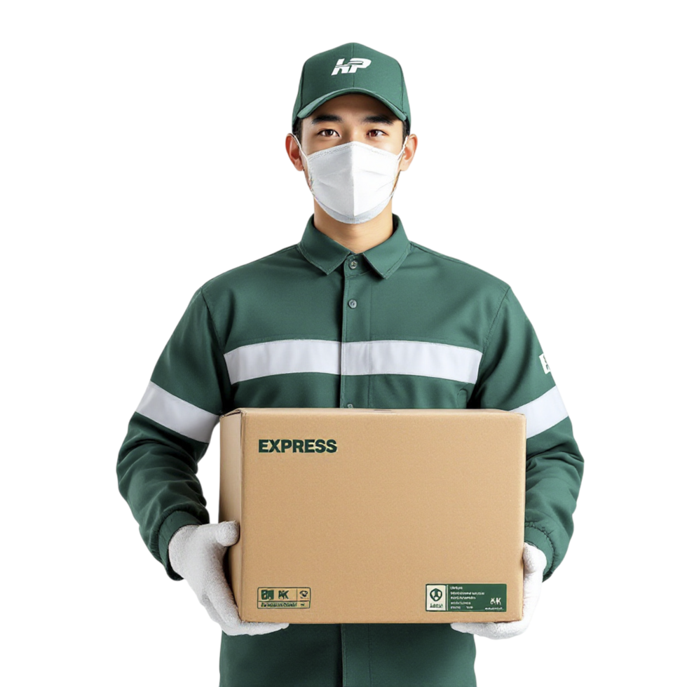 A man in a green uniform holding a box png