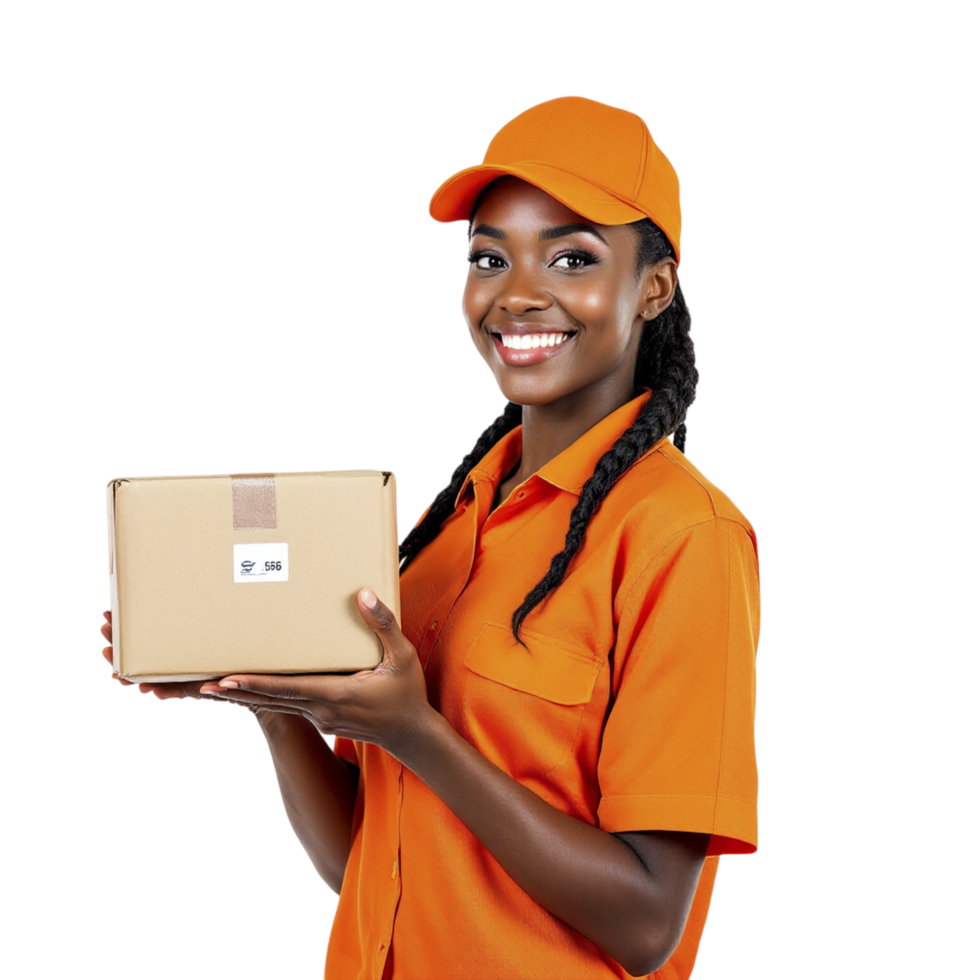 A smiling african woman in an orange uniform holding a box png
