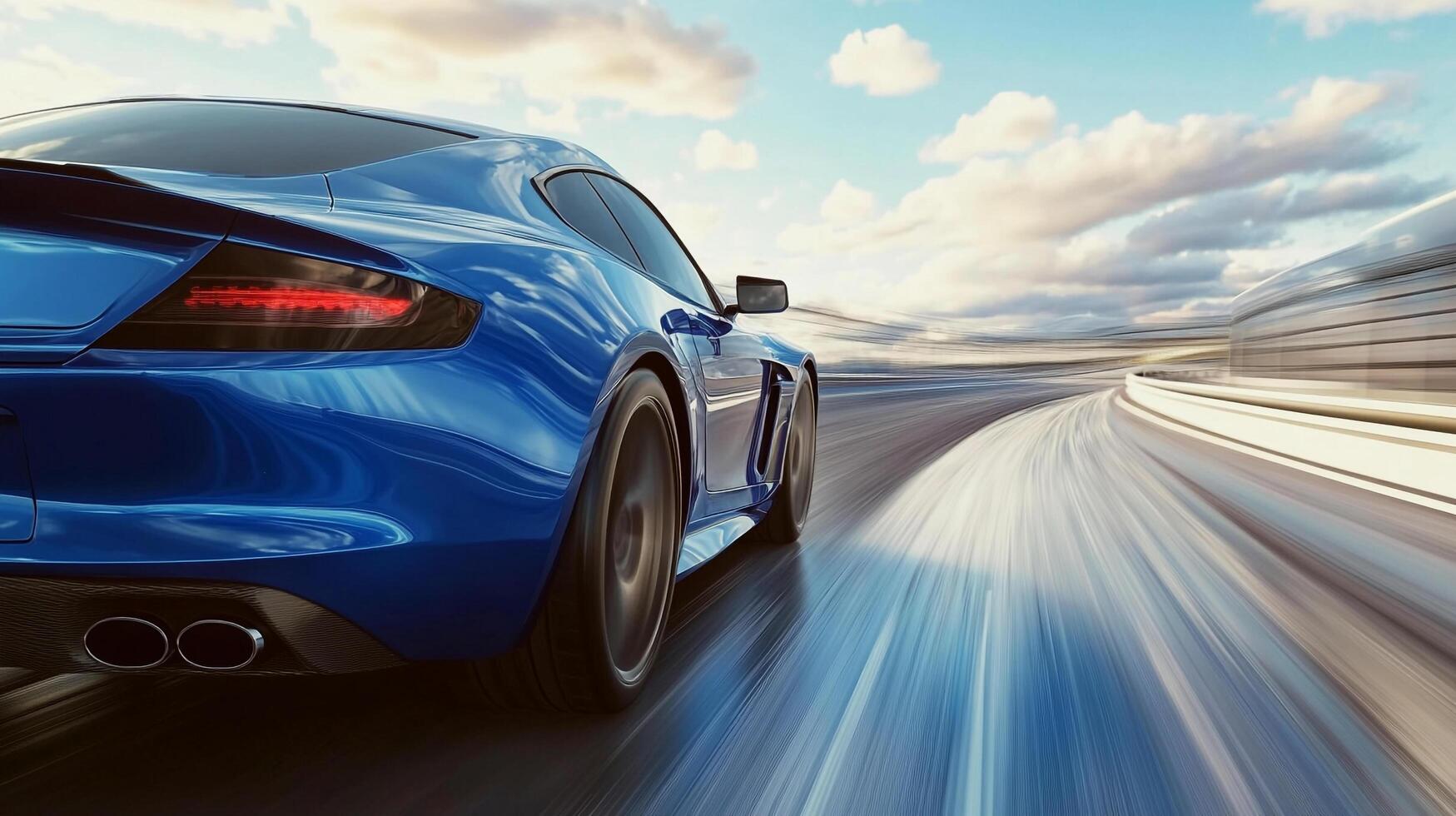 Sleek blue car speeding on a highway, motion blur emphasizes speed. Modern design, aerodynamic lines, power, and dynamic movement. photo