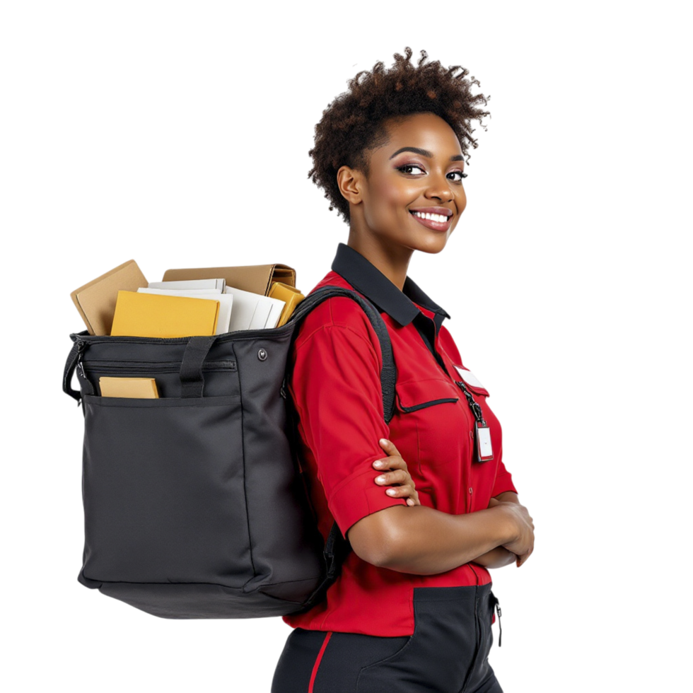 A smiling woman holding a large bag with mail png