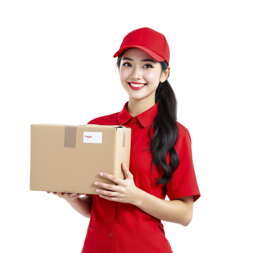A woman in a red uniform holding a box png