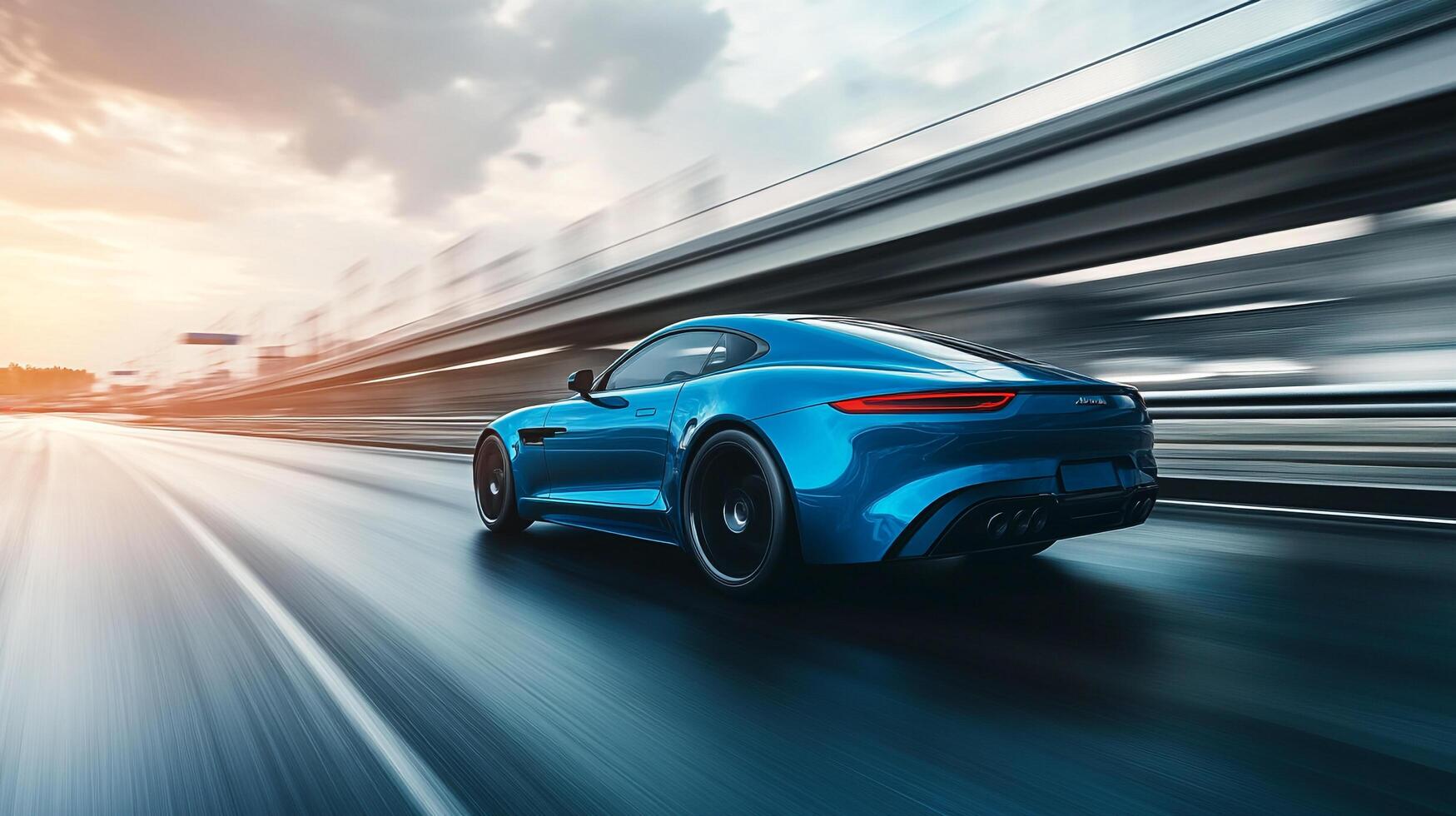 Sleek blue car speeds along a blurred roadway, capturing motion and the excitement of the drive. Modern design and speed aesthetic. photo