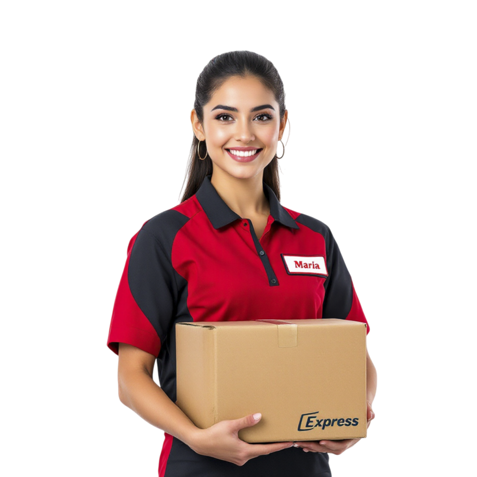 A smiling woman holding a box with a red and black shirt png