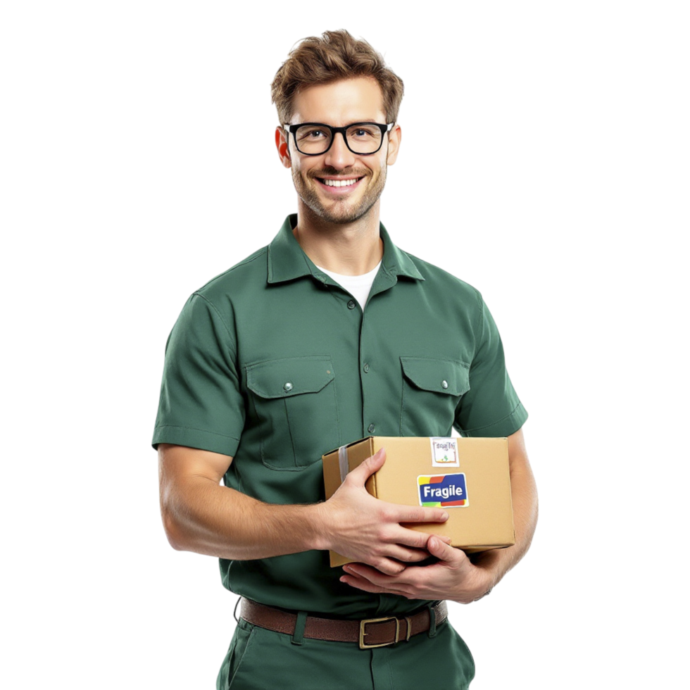 A smiling man in a green uniform holding a box png