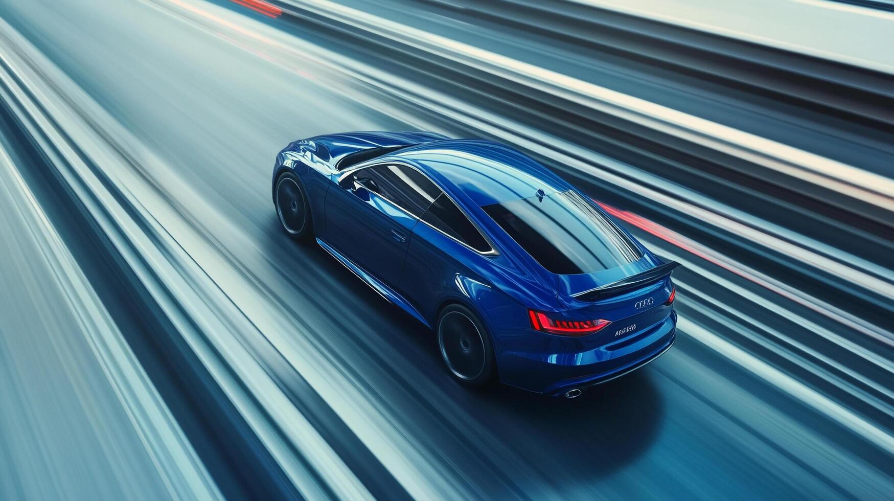 Blue coupe speeds on a blurred road, exuding sleek power and modern design against the backdrop of abstract light trails. photo