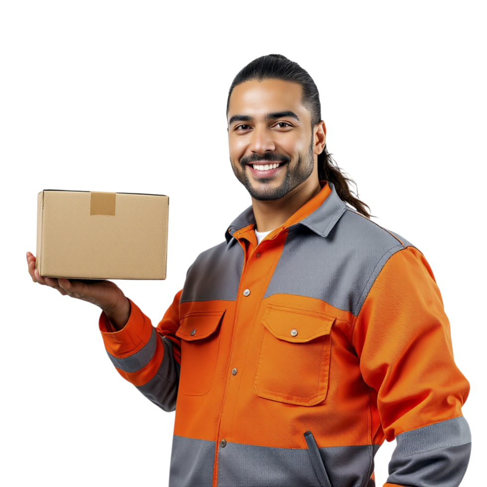 A man in an orange uniform holding a box png