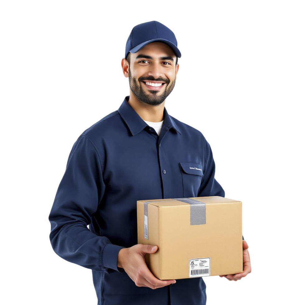 A smiling man in a blue uniform holding a box png