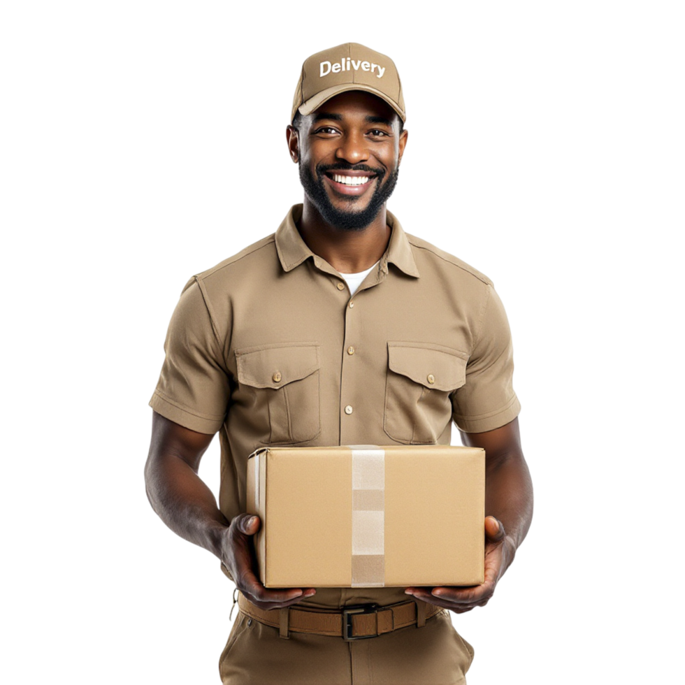 A smiling black man in a delivery uniform holding a box png
