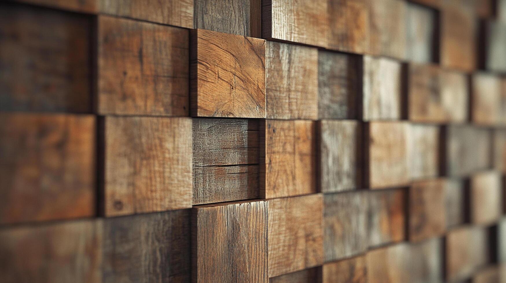Abstract wooden block wall featuring 3D geometric pattern, with varied tones of brown, tan, and grey adding depth and visual interest. photo