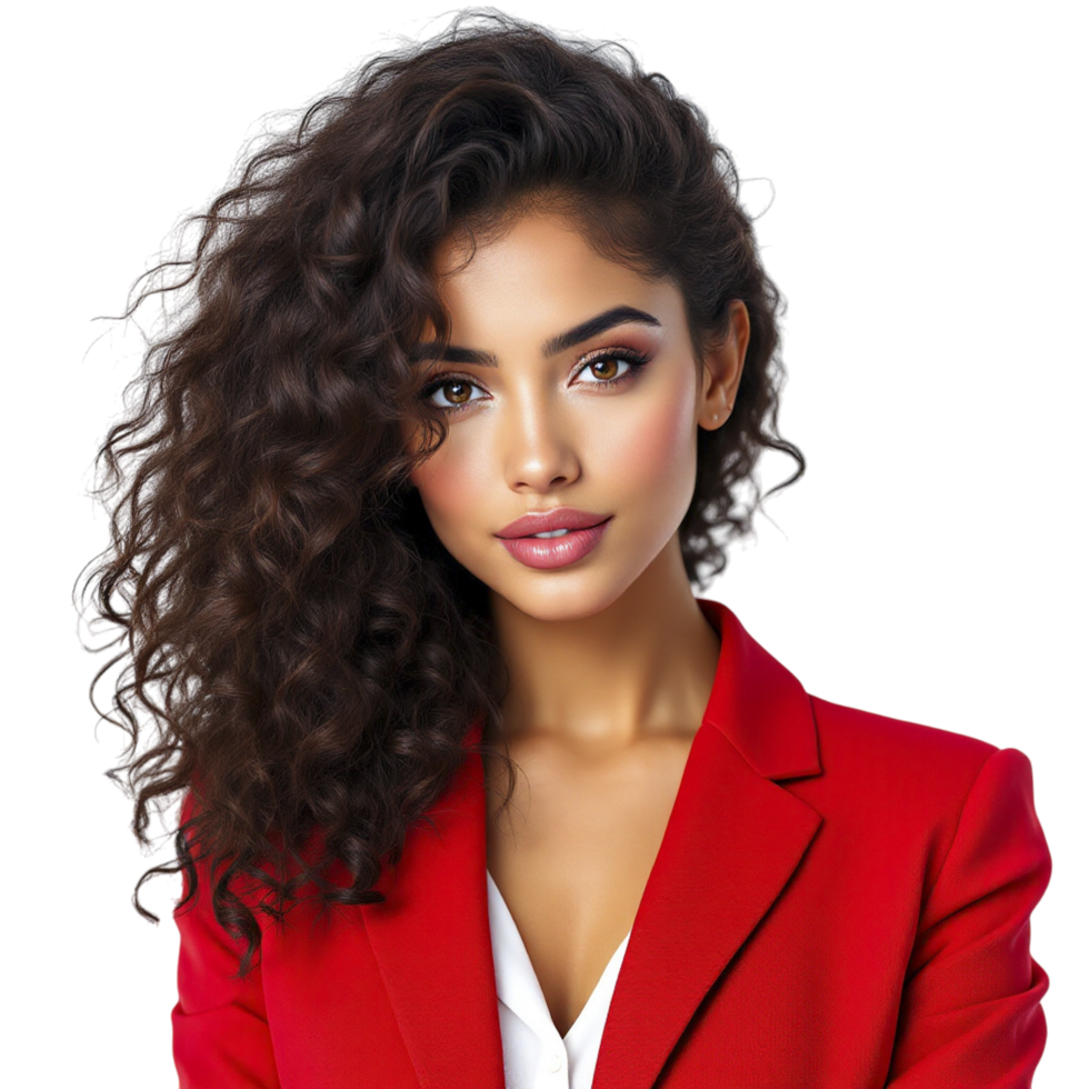 A beautiful young woman with curly hair in a red blazer png