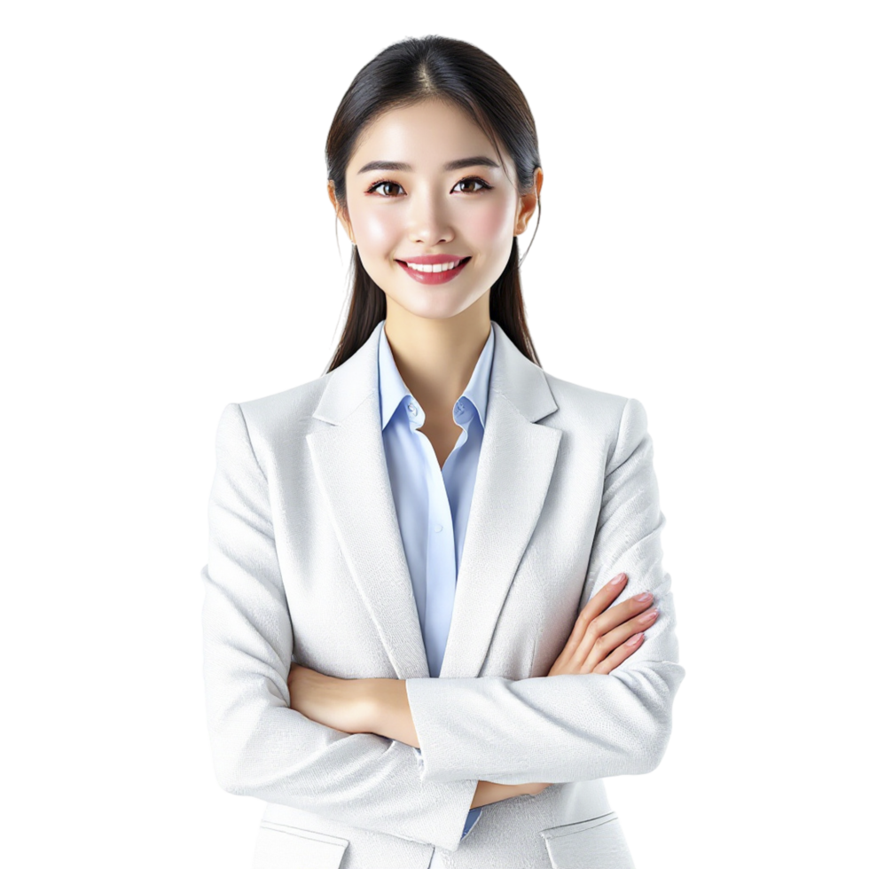 Asian business woman in white suit with arms crossed png