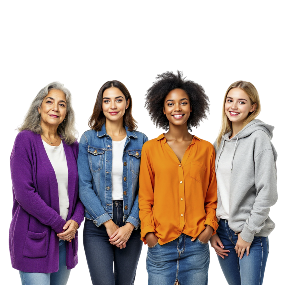 Five women standing together in front of a black background png