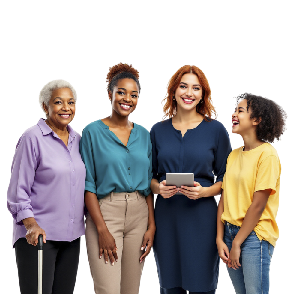 Four women and a man standing together with a tablet png