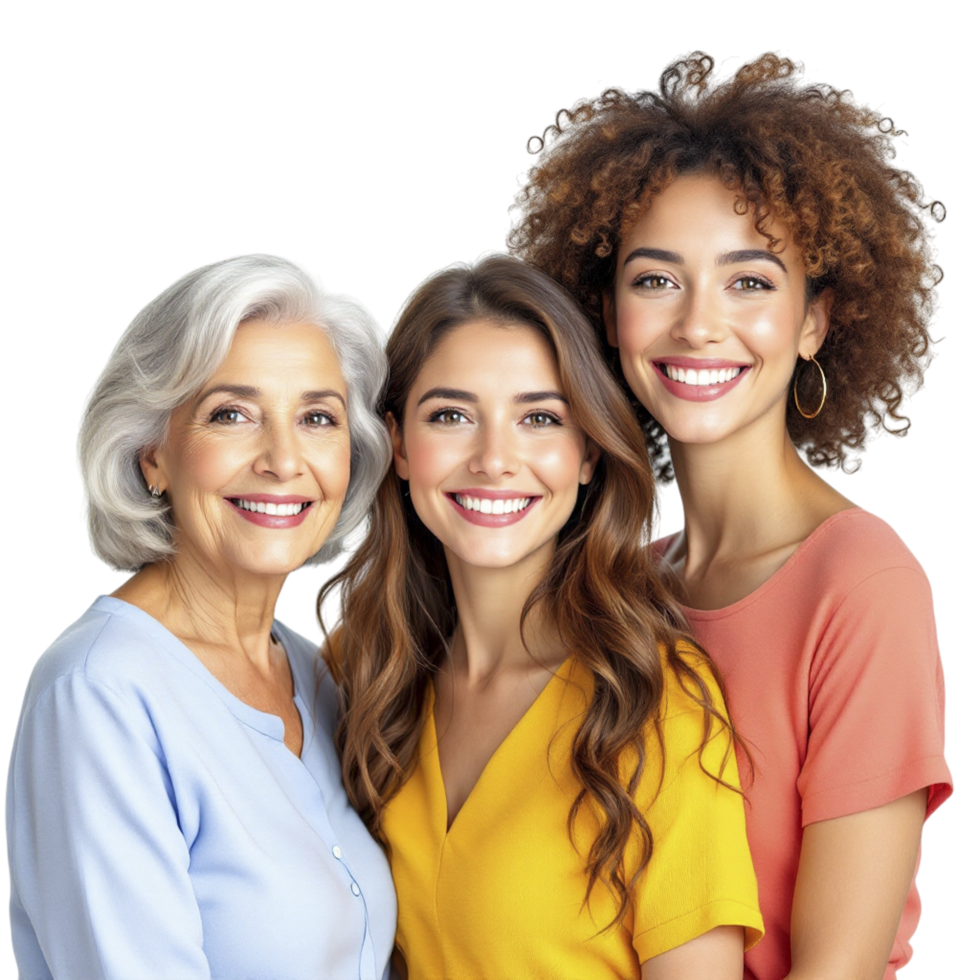 Three women and one man smiling together png