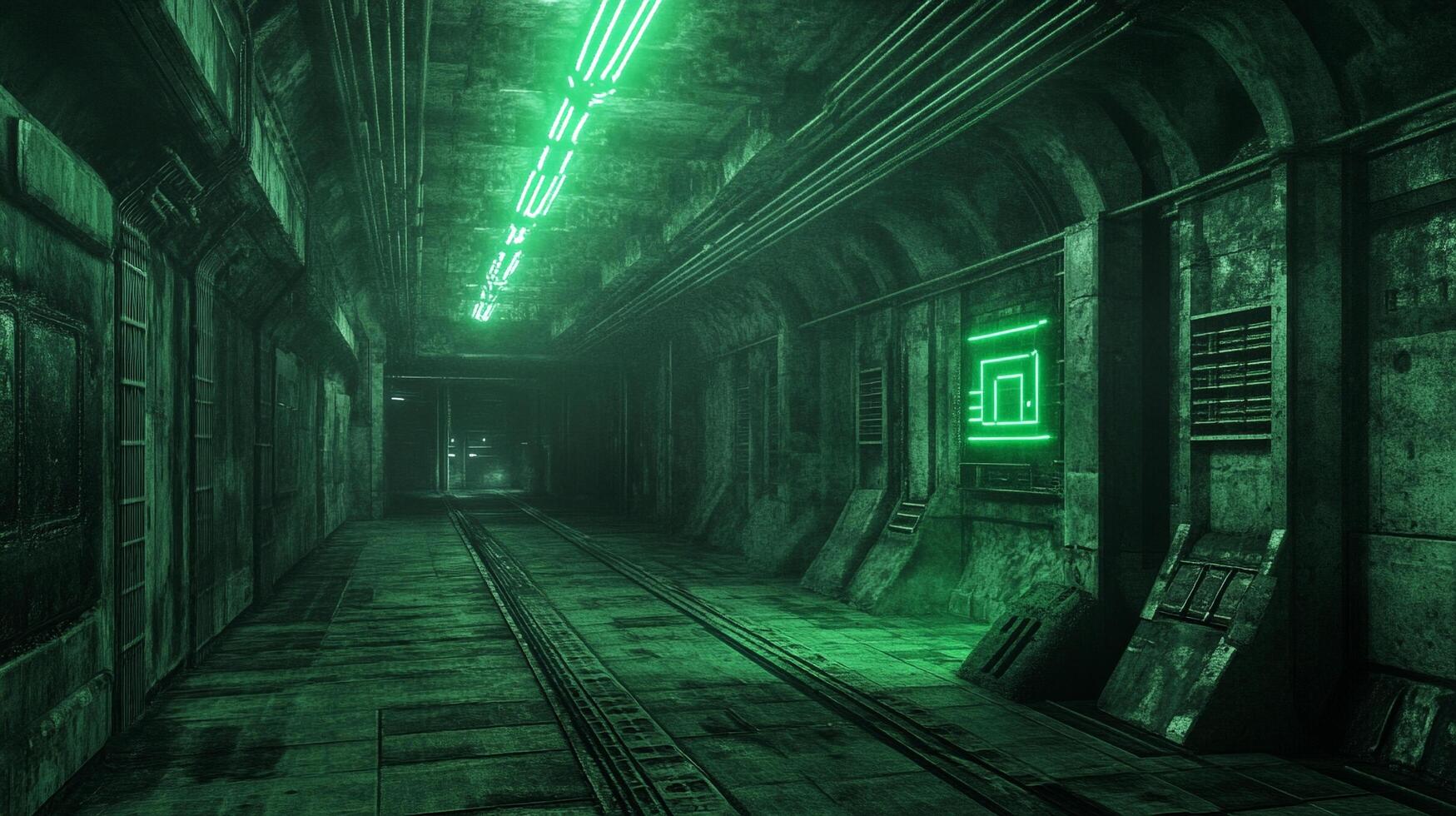 A gritty, industrial tunnel with green lighting, suggesting a science fiction or underground environment. The tunnel looks cold and uninviting. photo