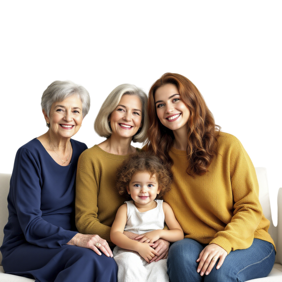 Three generations of women sitting on a couch png