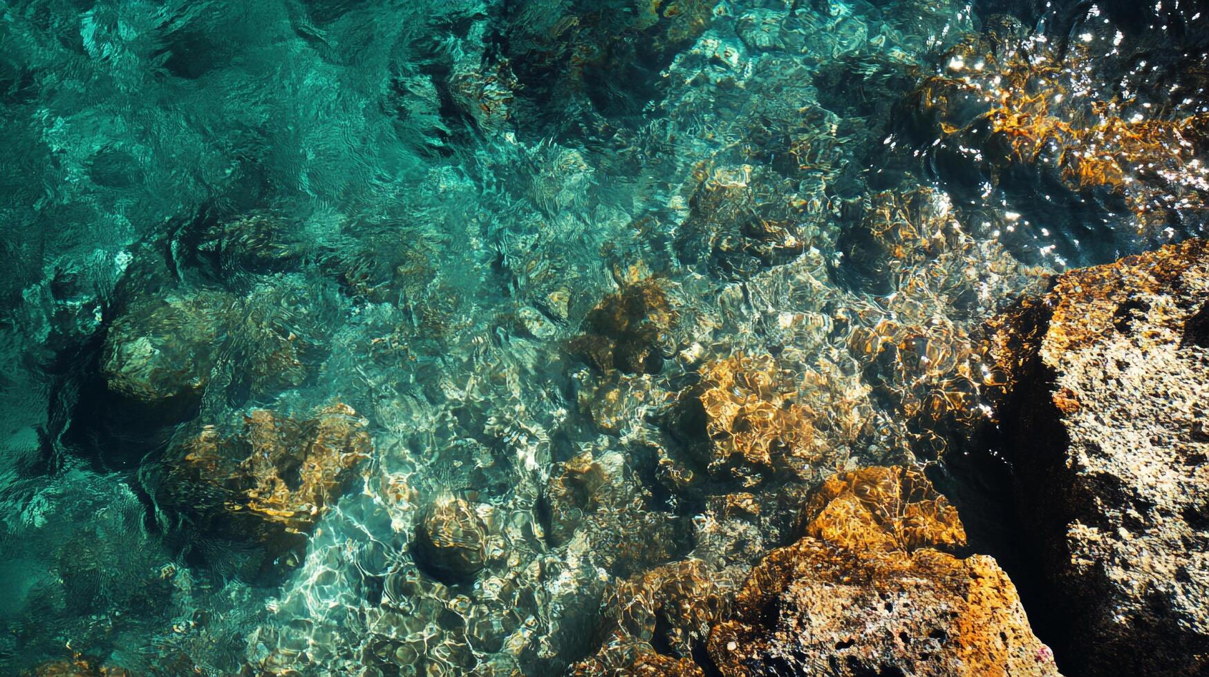 Sunlight dances on turquoise water, revealing rocks beneath the surface. A serene, natural scene showcasing water clarity and rock textures. photo