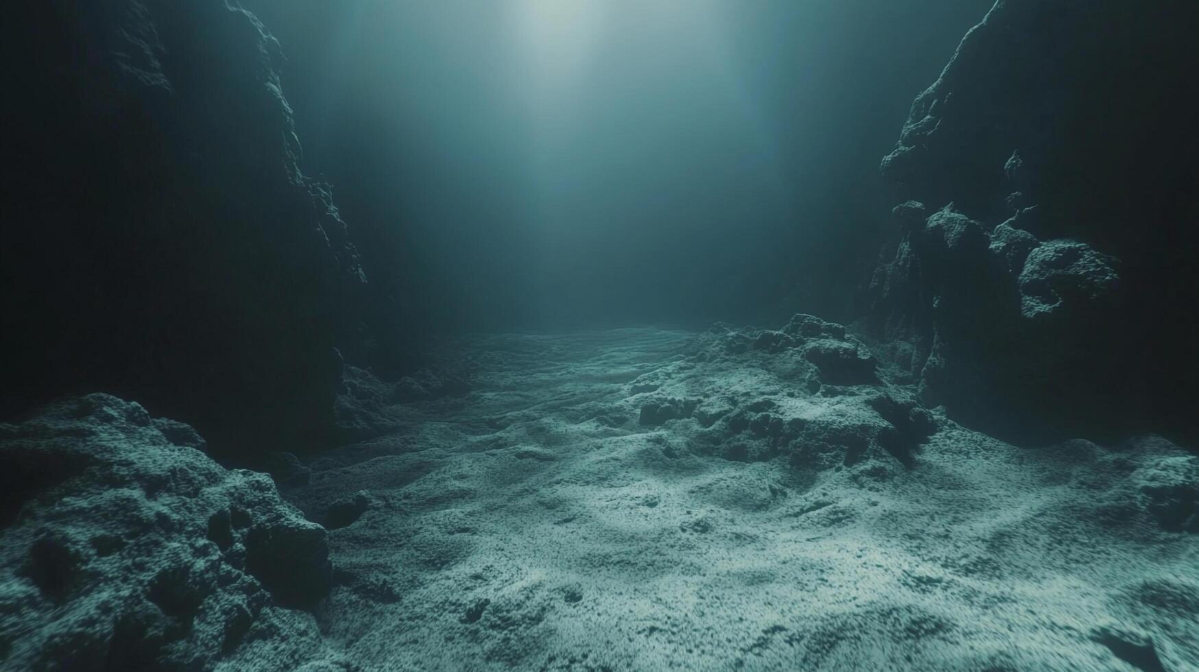 Underwater scene with dim light filtering down. Rocky terrain and sediment-covered floor. Depth is evident with limited visibility. photo