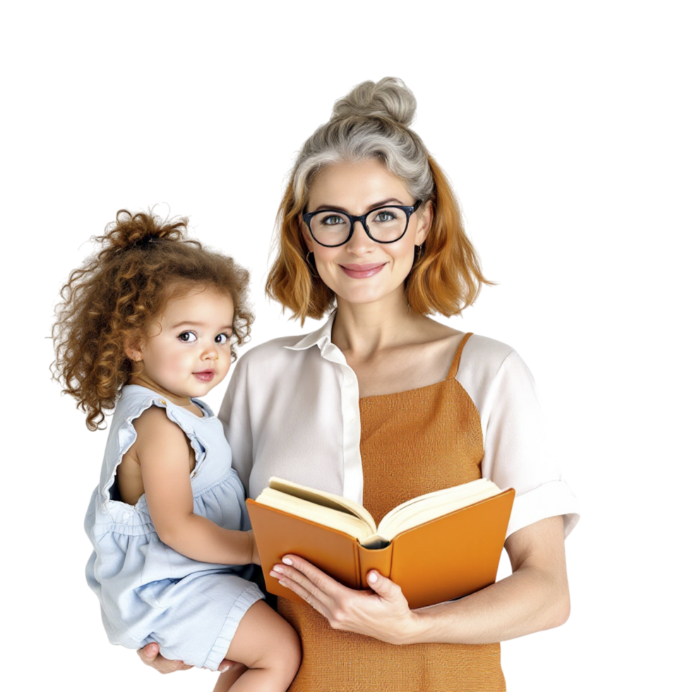 A woman holding a book and a child png