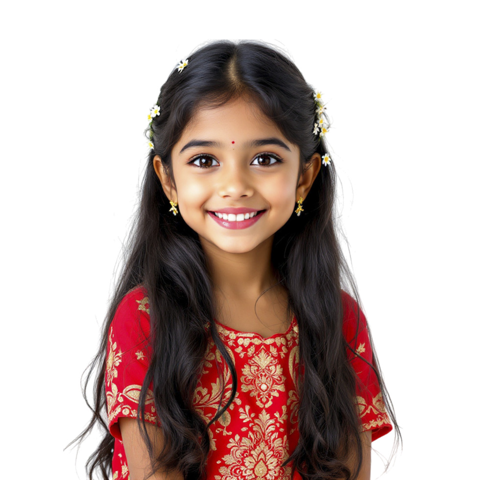 A little girl in a red dress smiling png