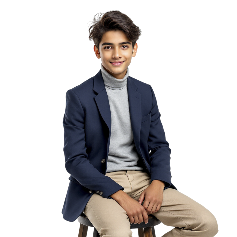 A young man in a blue suit and white turtleneck sitting on a stool png