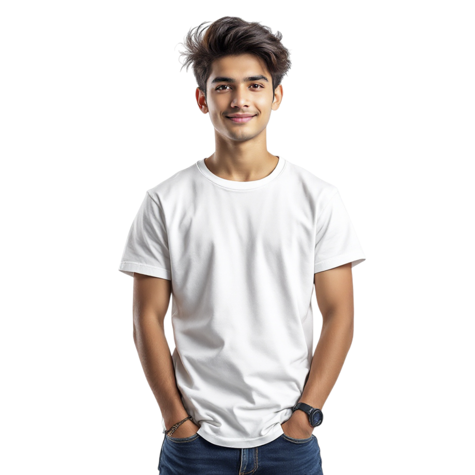 jong Mens in wit t-shirt staand in voorkant van zwart achtergrond png