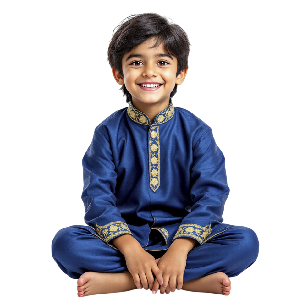 A young boy in a blue indian outfit sitting on the floor png