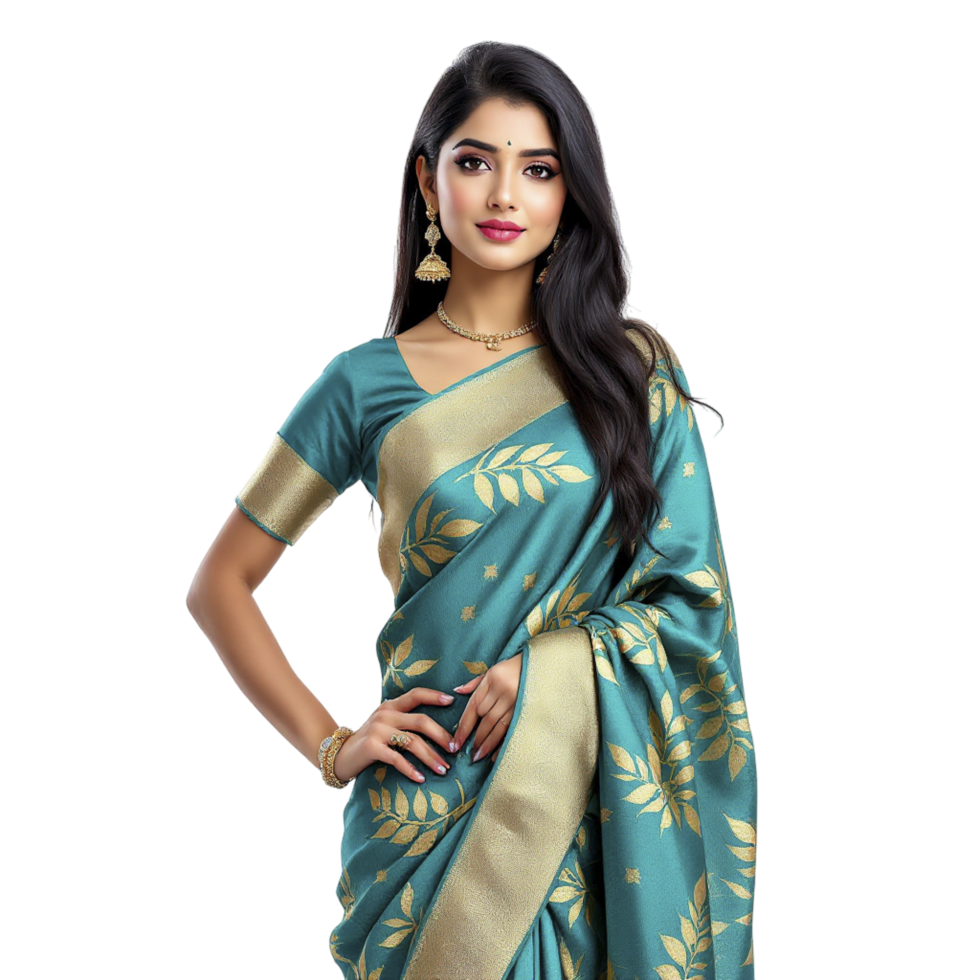 A beautiful turquoise colored sari with gold leaf motifs png