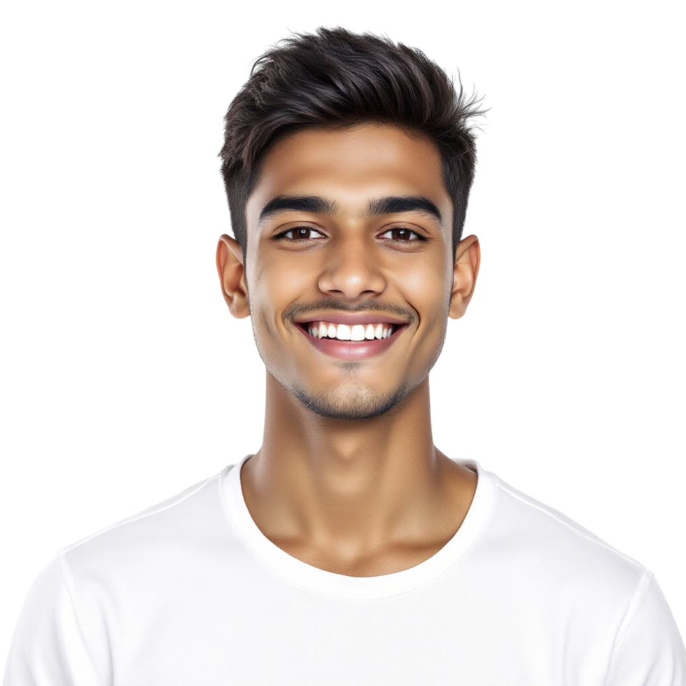 A young man smiling in a white t - shirt png
