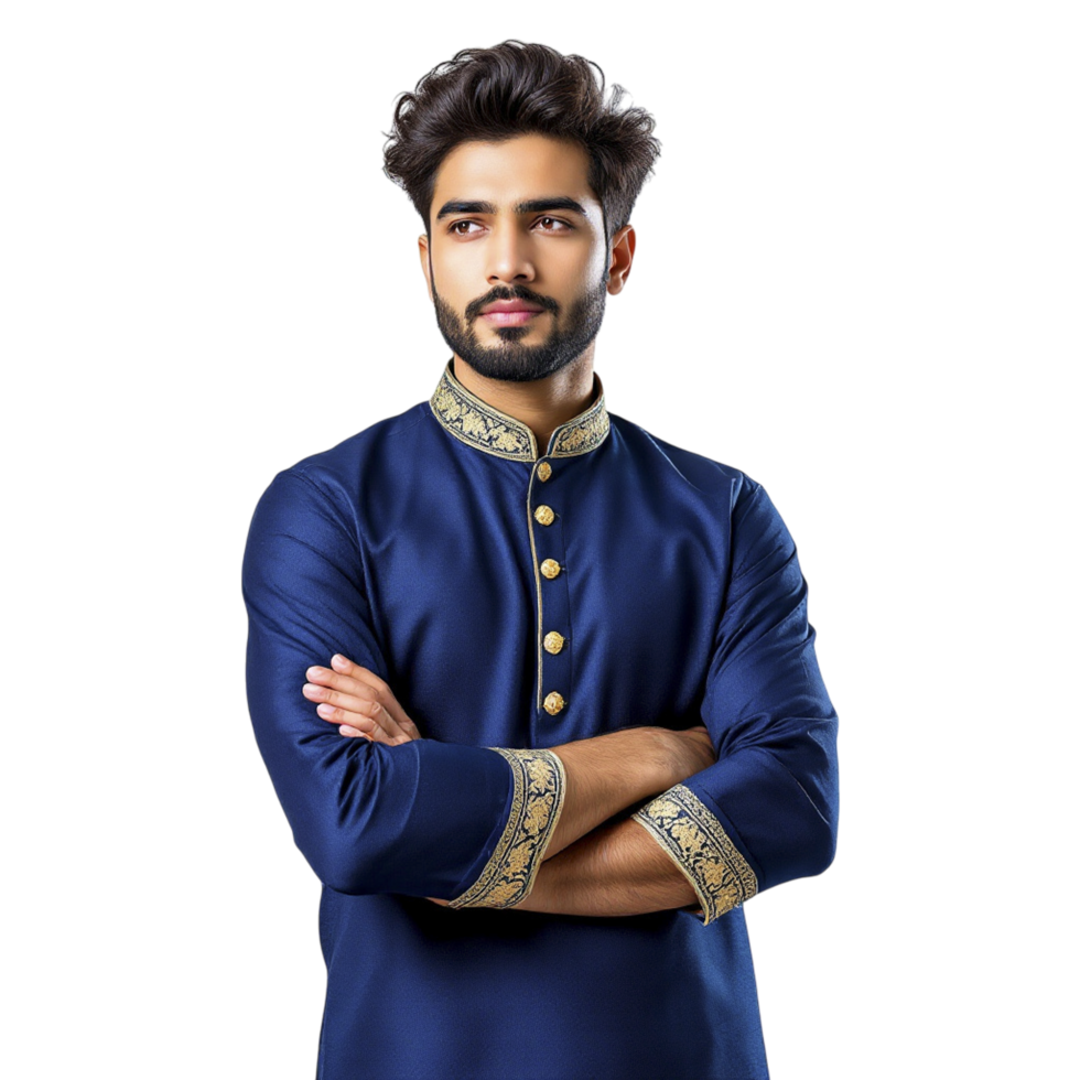 A man in a blue kurta with gold embroidery png