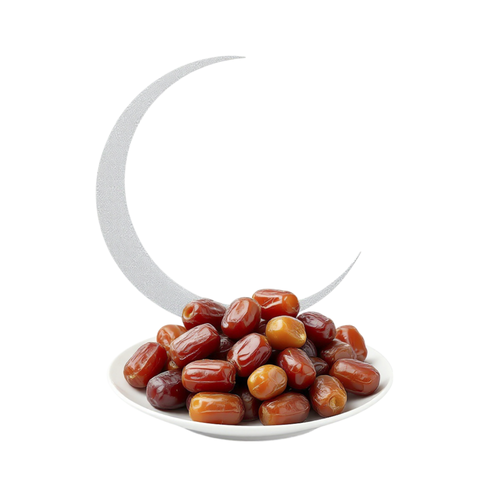 Dates on a plate with a crescent moon isolated on black background png