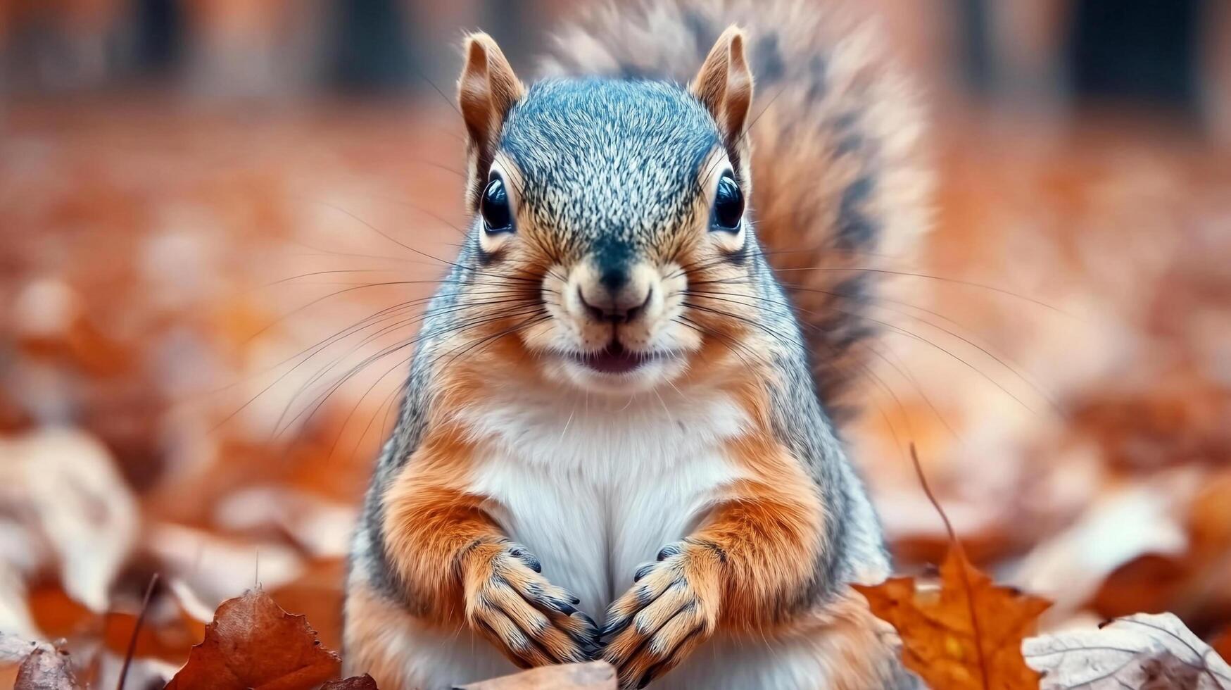 Squirrel portrait amidst autumn leaves, captured with a shallow depth of field for a cute, focused animal photograph. photo