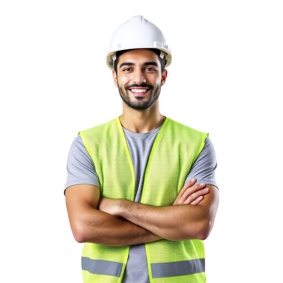 Portrait of a young man in a hard hat and vest standing with arms crossed png