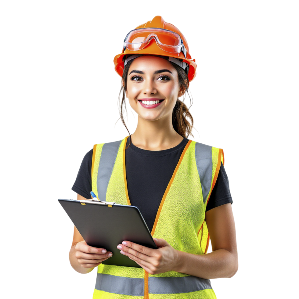 A woman in a safety vest holding a clipboard png