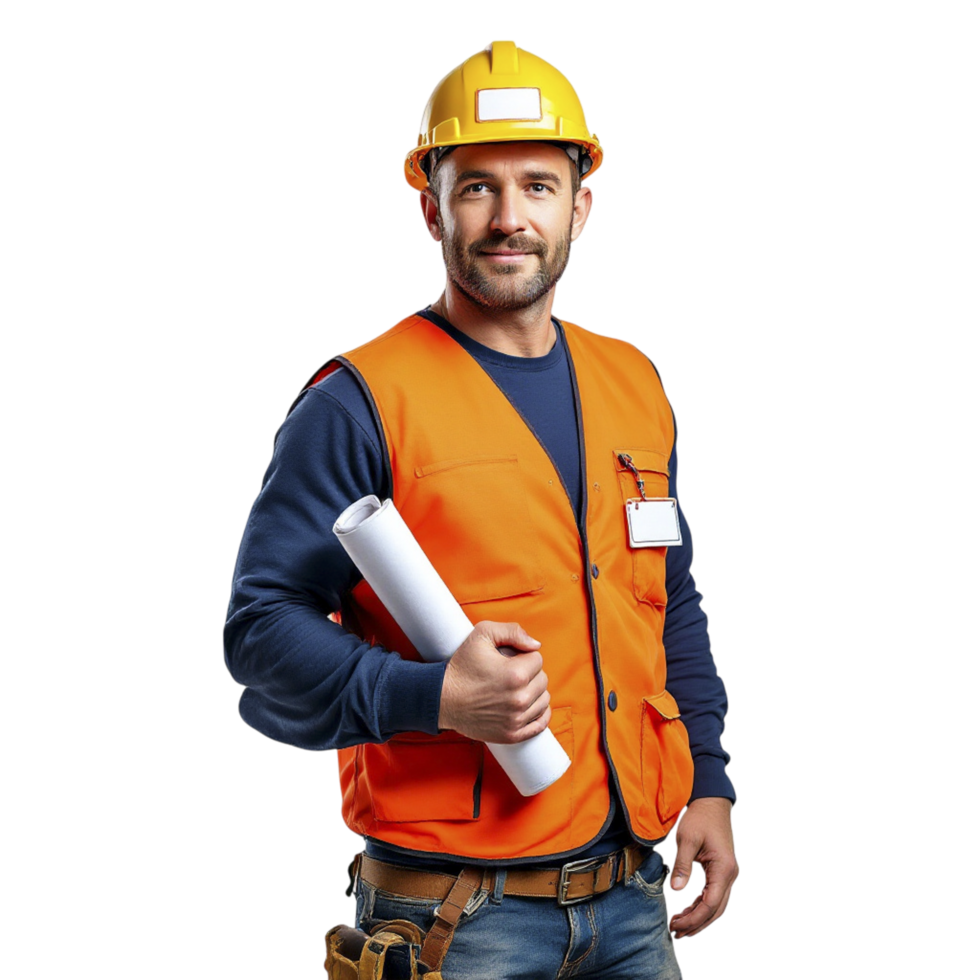 A man in an orange vest and hard hat holding a blueprint png